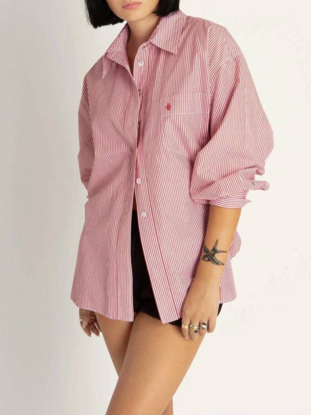 Suzie Kondi Kappa Oversized Button Up Shirt In Poplin Cotton Poppy Stripe XS